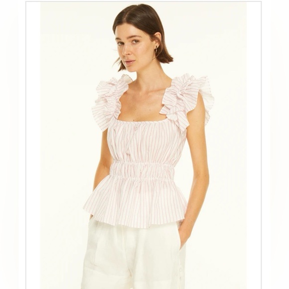 NWT HARSHMAN Alize Flutter Sleeve Top in White/Rose Pink Stripes. MSRP $225 - Picture 9 of 9